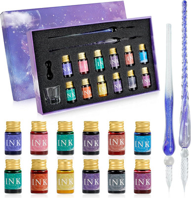 16pc Glass Dip Pen Calligraphy Set   2 Crystal Pens & 12 Inks for Art & Gifts