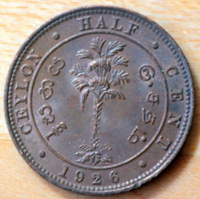 1926 Ceylon Sri Lanka 1/2 Cent