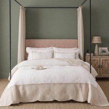 Cotton Quilt Set King Size Bedding 3pc Floral Embroidery Bedspread Light Beige