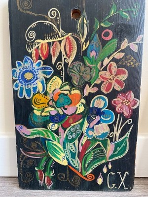 Skurrile ''Magische Blumen'' Volkskunst - handbemalt auf Holzbrett - signiert C.X.