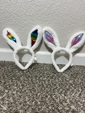 White Plush Bunny Ear Headbands Lot of 2 Rainbow  Pink Iridescent Easter