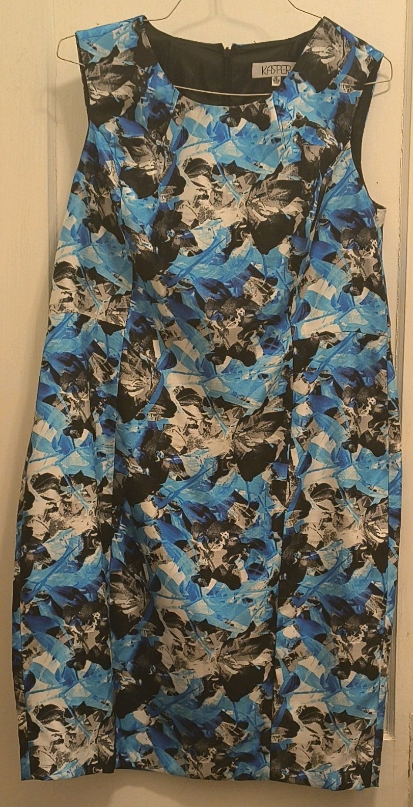 Kasper Blue Black White Abstract Sheath Dress Sleeveless Zip Round Neck 16