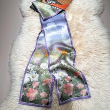 6"X59"Pink Flower Print Pure Mulberry Satin Silk Two Layers Long Scarf 16x150cm