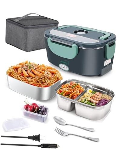 80W Electric Lunch Box Food Heater with Dual Containers in Green