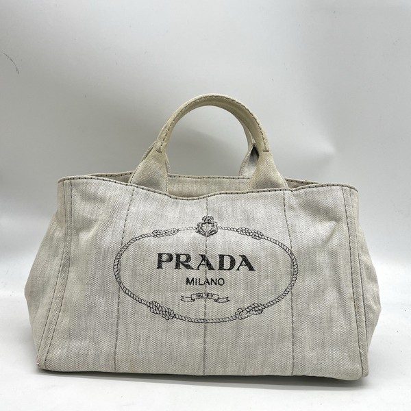 Auth Prada Canapa Logo Jacquard Tote Bag Handbag Bianco 2Y6272