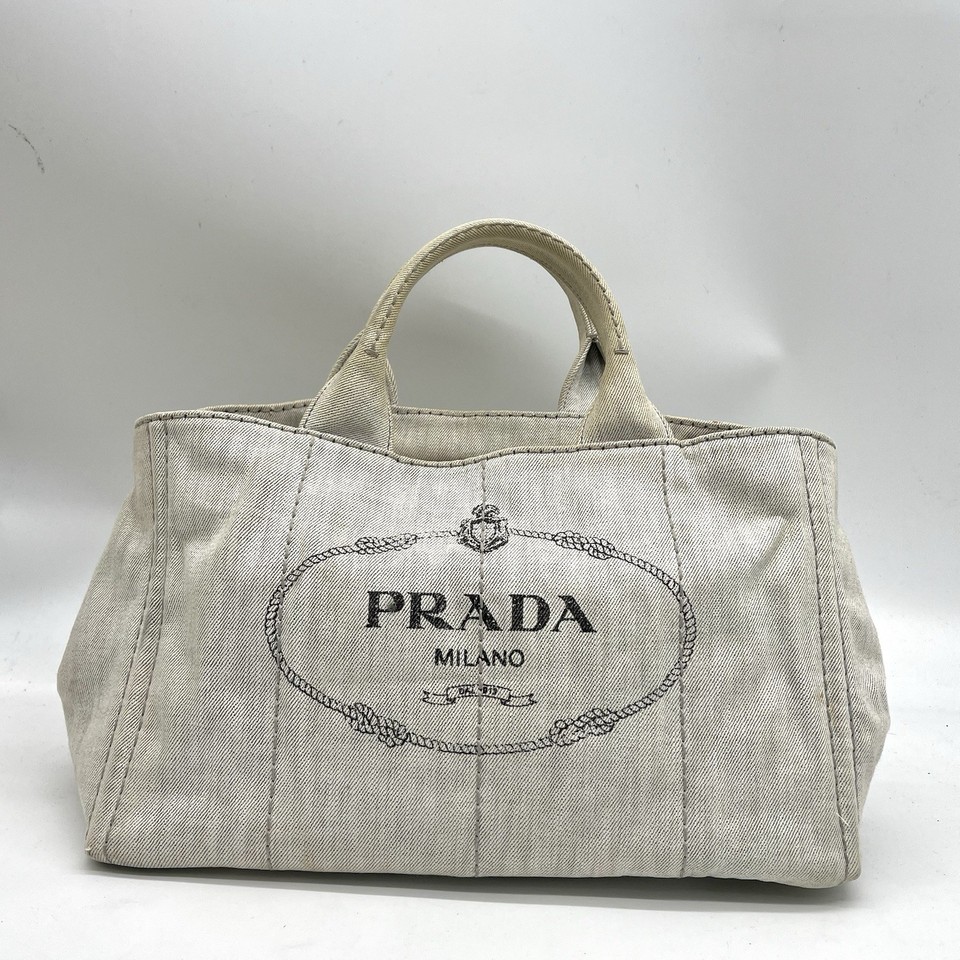 Auth Prada Canapa Logo Jacquard Tote Bag Handbag Bianco 2Y6272