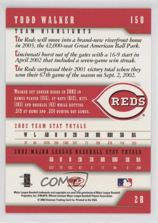 2003 Donruss Team Heroes Stat Line /183 Todd Walker #150 - Image 2 of 2