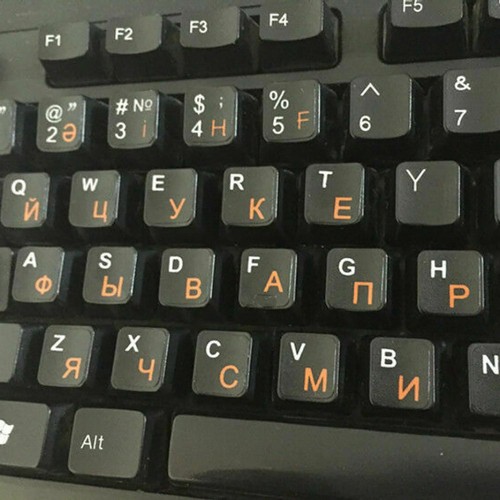 Russian Standard Keyboard Layout Sticker Orange Letters on Black Replacement E - Zdjęcie 5 z 8