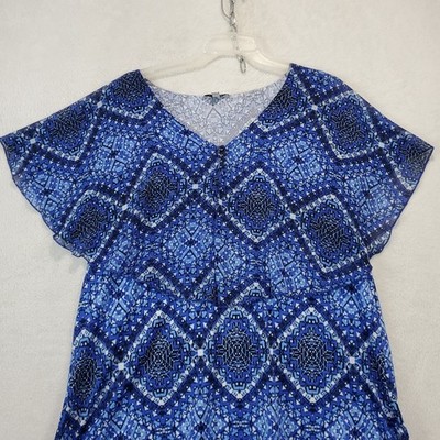 Notations Layered Flutter Sleeve Blue Geometric Print Blouse Womens XL Sheer Top