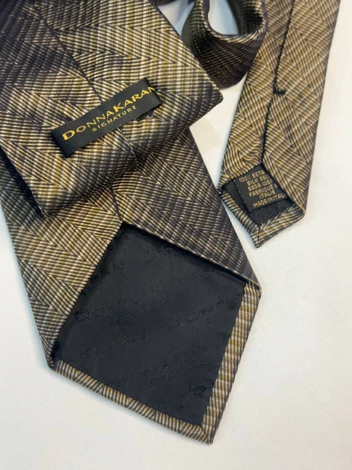 Corbata de seda Donna Karan Signature Italia dorada oscura marrón a rayas clásica de colección Foto 3 de 4