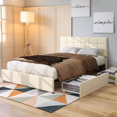 LIFE SKY LIFESKY QUEEN BED FRAME WITH STORAGE, UPHOLSTERED PLATFORM - WHITE