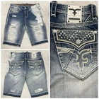 New Rock Revival Men's Monte Studded Distress Denim Shorts In Blue Wash Size: 32