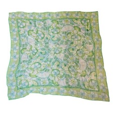 Vintage 1990s 20" Square Womens Scarf Dainty Green and Blue Floral Print Signed