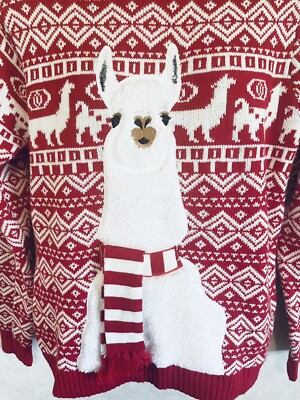 Blizzard Bay Llama Mens Ugly Christmas Sweater Fur Size Medium Red White Acrylic