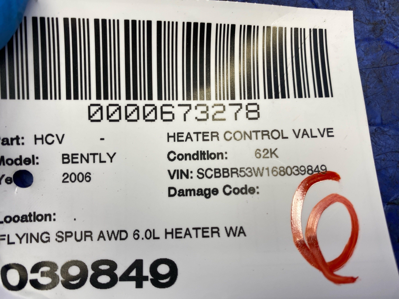 2006-2012 BENTLEY CONTINENTAL FLYING SPUR AWD 6.0L HEATER WATER CONTROL VALVE