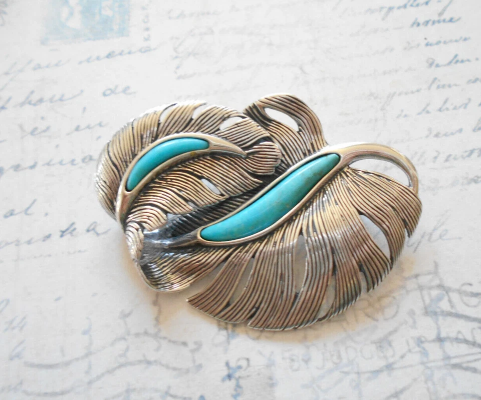 Broche Pluma Curvada Turquesa Pollack Esterlina Oxidada T56R20 Foto 4 de 4