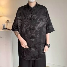 Herren Satin Hemd Kurzarm Chinesisch Hanfu Top Drachen Bluse Kung Fu Jacke