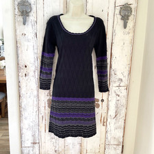 London Times Size Small Woman's Black Purple Gray Textured Crochet Knit Dress