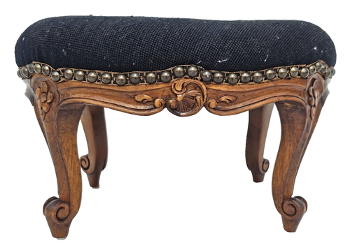 Antique 1930s French Louis XV Footstool – Carved Wood Cabriole Legs Needlepoint - Picture 6 of 19