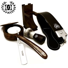 WOOD CUT THROAT 6 PC MEN'S STRAIGHT RAZOR SHAVING KIT LUXURY GIFT SET