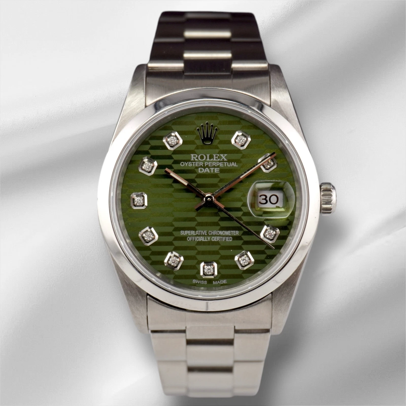 Rolex — Rolex Date 34mm Ladies Green Motif Diamond Dial Oyster Steel Watch 15010