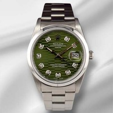 Rolex Date 34mm Ladies Green Motif Diamond Dial Oyster Steel Watch 15010
