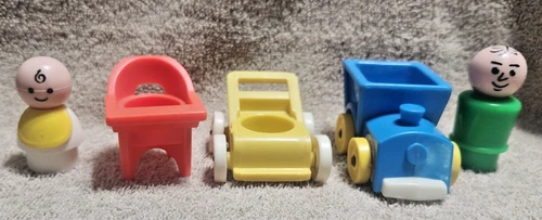 Vtg Fisher Price Little People Lot ~ Baby, Dad, Stroller, High Chair, Play Train
