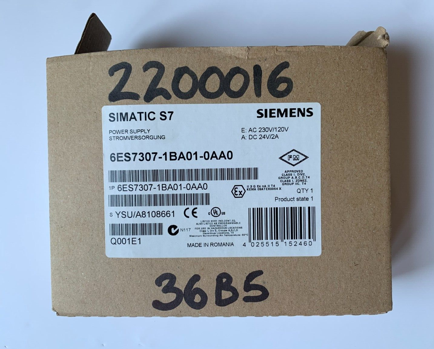 SIEMENS SIMATIC S7-300 6ES7307-1BA01-0AA0 Switch Mode PSU DIN 24VDC 2A 48W
