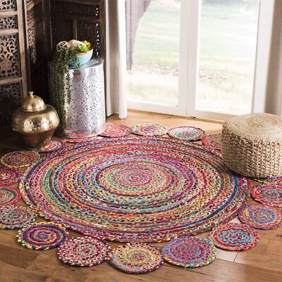 Round Rug Jute & Cotton Mix Rug Handmade Braided Area Rug for Home Decor,