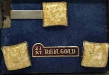 Vintage Unique 23K Natural Gold Nugget in Resin Square Tie Clasp Cufflinks 