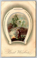 1912 Best Wishes Horseshoe Farmer Burning Field Robinson Manor TX Adams Carmine