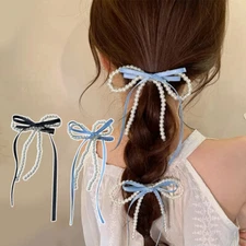 Ribbon Bowknot Pearl Barrettes Female Back Head Side Clip Duckbill Clip Headwear