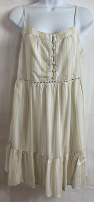 Mi Ami Size M Casey White Tan Striped Swing Dress Button Bodice Tiered Cutouts