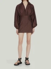 $450 Rohe Women's Brown Silk Balloon Sleeve V-Neck Shirt Dress Size FR 36/US 4