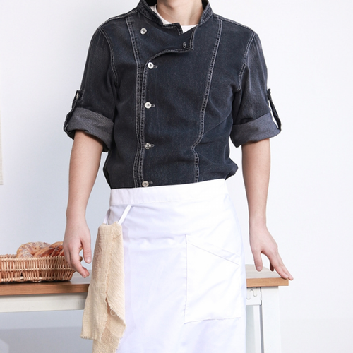 Unisex Chef Jacket Long Sleeve Cook Coat Men Women Denim Kitchen Uniform Suit - Picture 7 of 14