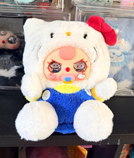 Hello Kitty Cat Costume Plush Doll White Hood Red Bow Blue Overalls Small