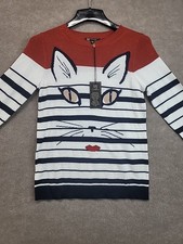 DG2 Diane Gilman STRIPED KITTY SWEATER Rosetone/Gray Xs