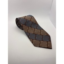 Mens Brown Geometric Silk Tie Blue Cream Square Dot Pattern Professional Formal
