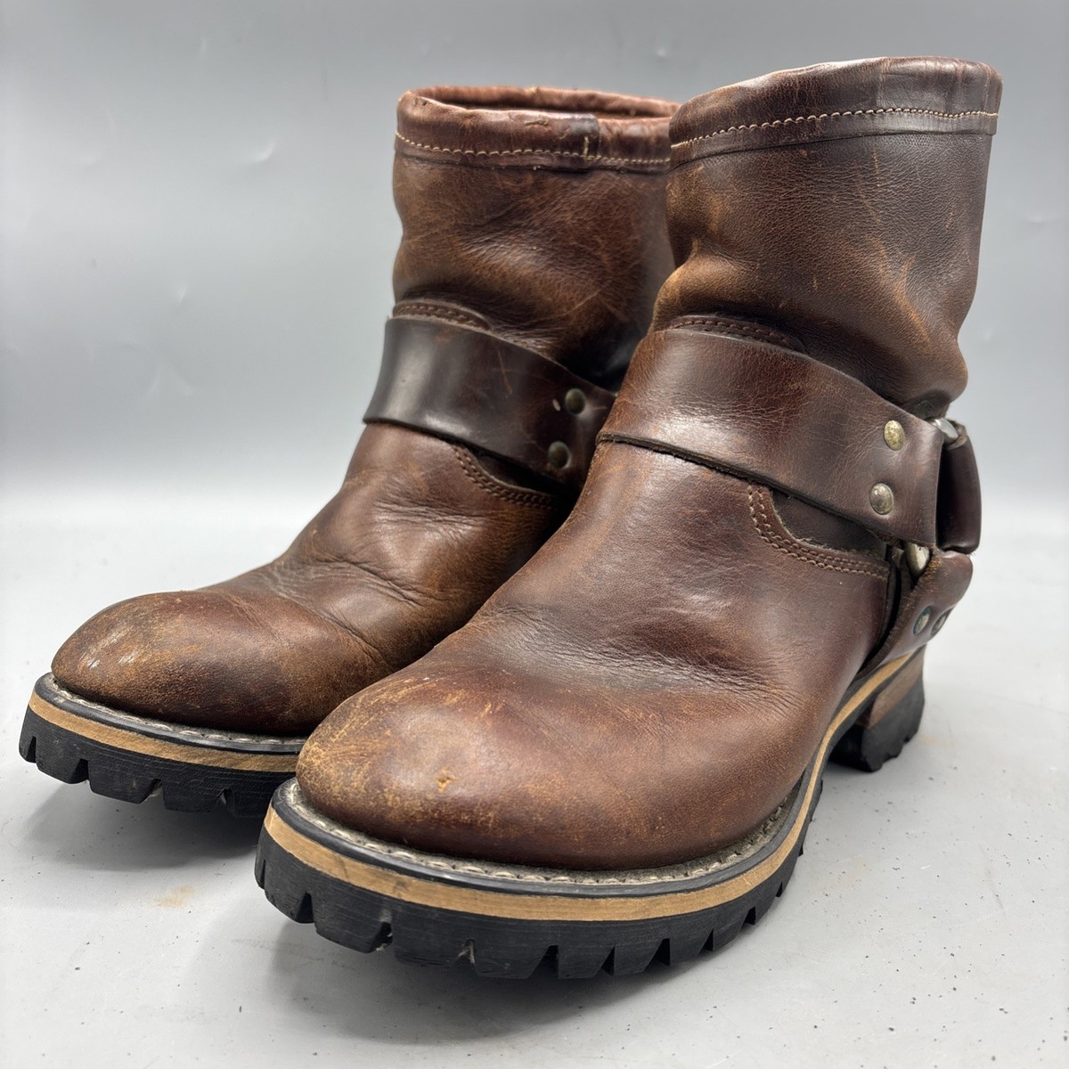 DURANGO Men's Brown Leather Motorcycle Harness Boots Distressed 7” Size US 