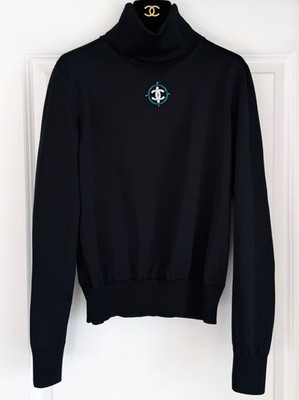 2019 CHANEL BLACK CC LOGO PEARL SWEATER PULLOVER TURTLENECK 36 | eBay