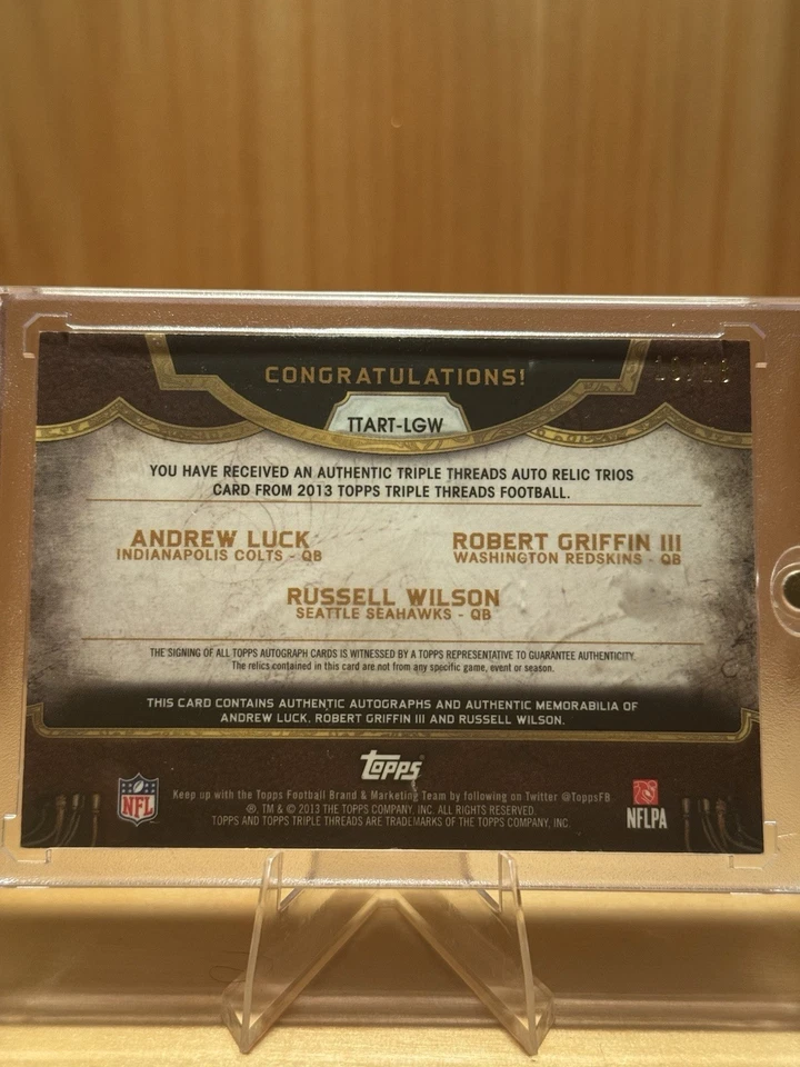 2013 Topps Triple Threads Luck RGIII Wilson Triple Auto Patch /18 Colts WAS SEA - Image 2 of 4
