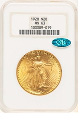 1928 $20 CAC Saint-Gaudens Double Eagle NGC MS63