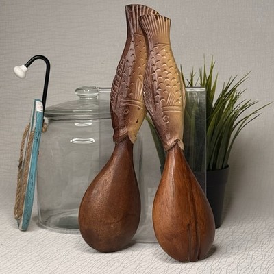 Carved Wood Fish Serving Spoon Fork Set Coastal Tiki Kitchen Decor