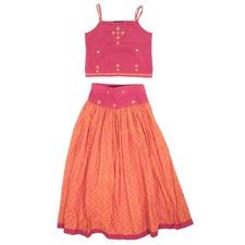 Fabindia Lehenga Choli 3 PC Set Ethnic Embroidered Pink Orange Cotton Girls 4-6Y