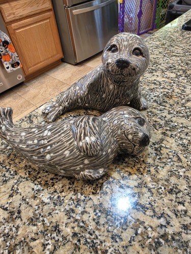Set of 2 Gray Ceramic Seal Figurines Decorative Collectible Ceramic Seals