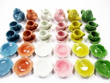 Dollhouse Miniature 42 Mixed Ceramic Teapot Cup Saucer Scallop Plate Dish 2339