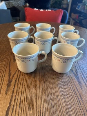 Corning Corelle Needlepoint Cups Mugs Tan Blue Check Bands Set Of 8 - image 1 of 4