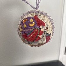 Vintage Embroidered Needlepoint Santa Chimney Christmas Ball Ornament 5 x 5