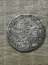 William III, Shilling, 1697, C, Silver, Transposed Shields, R4! Water Damage