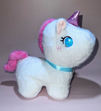 White  Pink Unicorn Plush, Purple Horn Blue Ribbon, Small 6-14 in